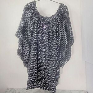 Tunic Boho Bell Sleeve Scallop Neck Flowy Classic Black/ White Print XL Blouse